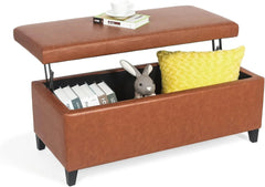 42" Beige Corduroy Lift-Top Storage Ottoman Bench