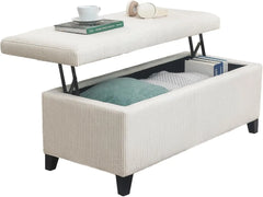 42" Beige Corduroy Lift-Top Storage Ottoman Bench