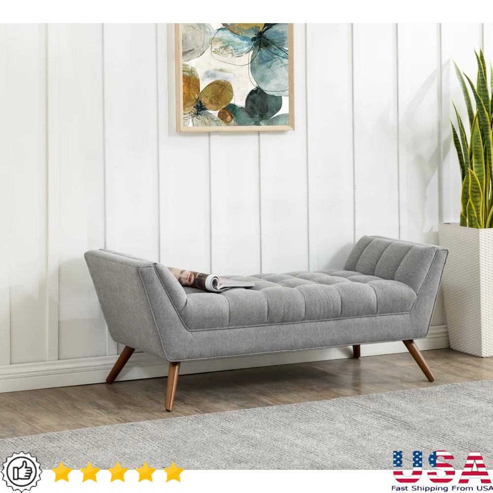 Contemporary Tufted Linen Bench