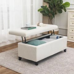 42" Beige Corduroy Lift-Top Storage Ottoman Bench