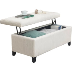 42" Beige Corduroy Lift-Top Storage Ottoman Bench