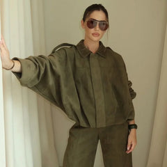 HXAO Women's Bomber Jacket Lapel Long Sleeve Zipper Suede Jacket Women 2025 High Street Cropped Racing Jackets Coats Outerwears