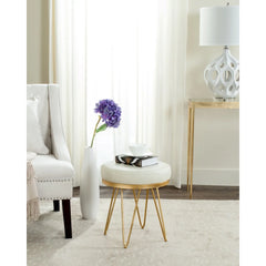 Cream Round Faux Ostrich Bench with Gold Frame