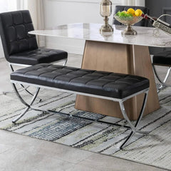 Modern PU Leather Dining Bench, Button Tufted Ottoman Bench with X - Shape Chrome Finish Upholstered End of Bed Bench Comfy - DigiTech ecom Store