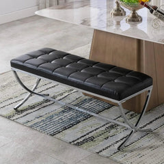 Modern PU Leather Dining Bench, Button Tufted Ottoman Bench with X - Shape Chrome Finish Upholstered End of Bed Bench Comfy - DigiTech ecom Store
