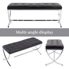 Modern PU Leather Dining Bench, Button Tufted Ottoman Bench with X - Shape Chrome Finish Upholstered End of Bed Bench Comfy - DigiTech ecom Store